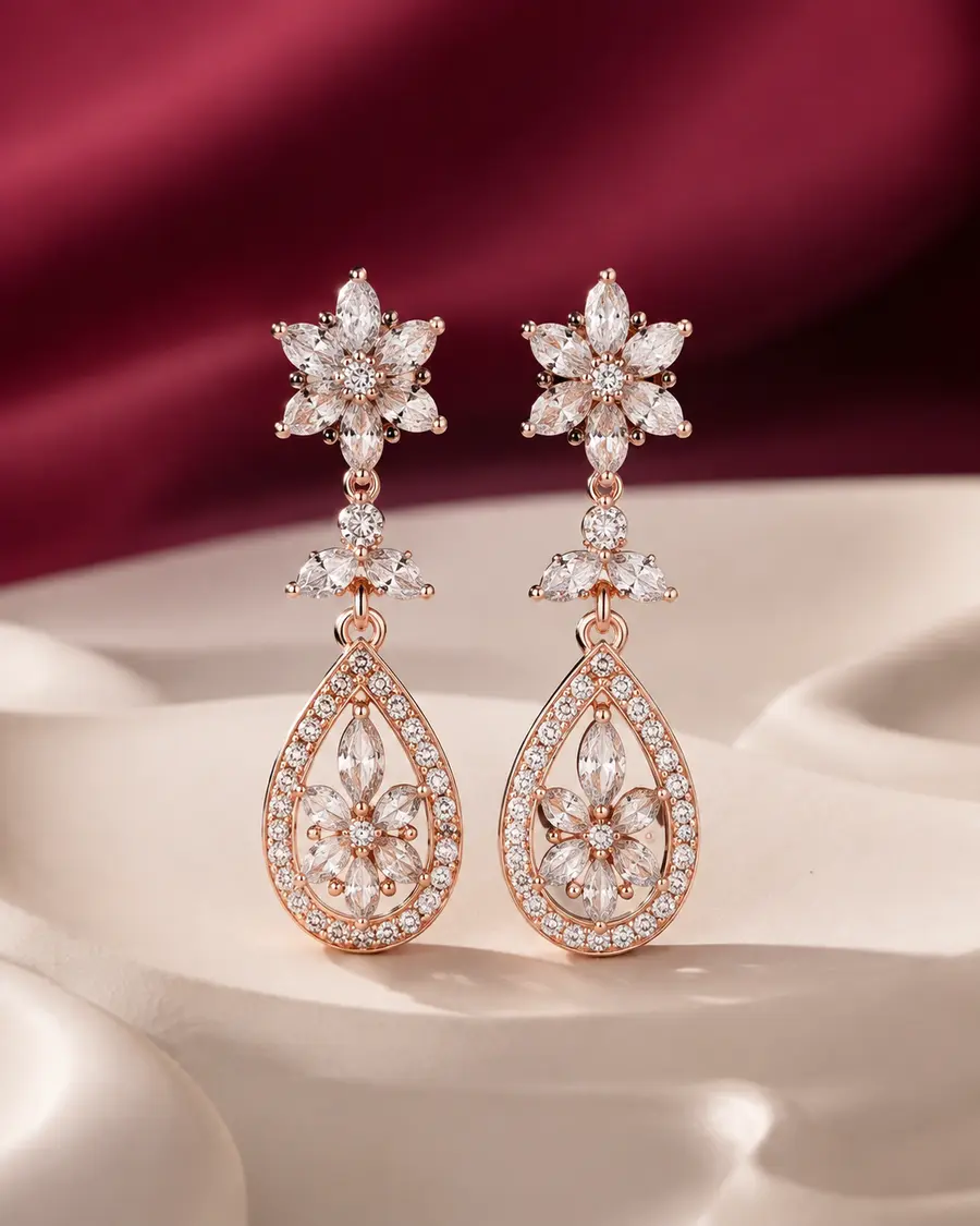 Floral diamond drop earrings catalogue design