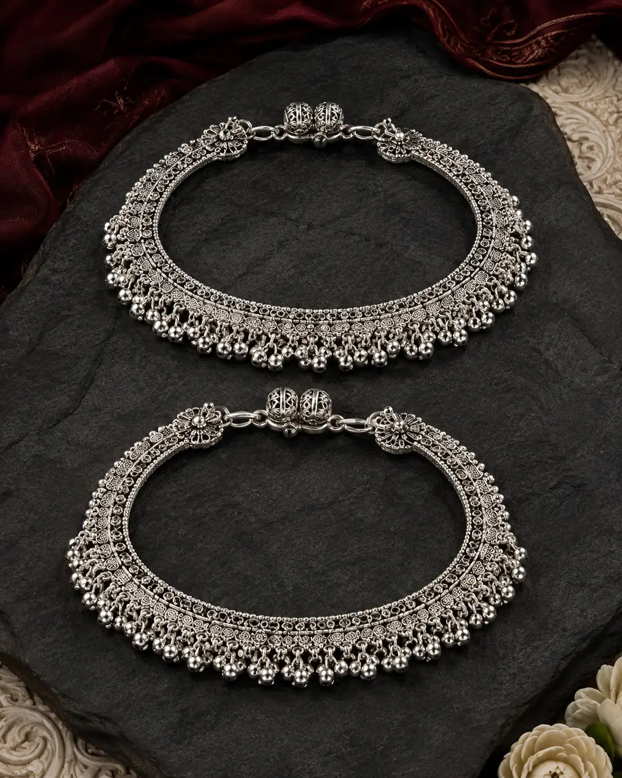 Traditional silver payal anklet pair catalogue design